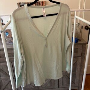 Athleta Light Green Button Down V-Neck Top